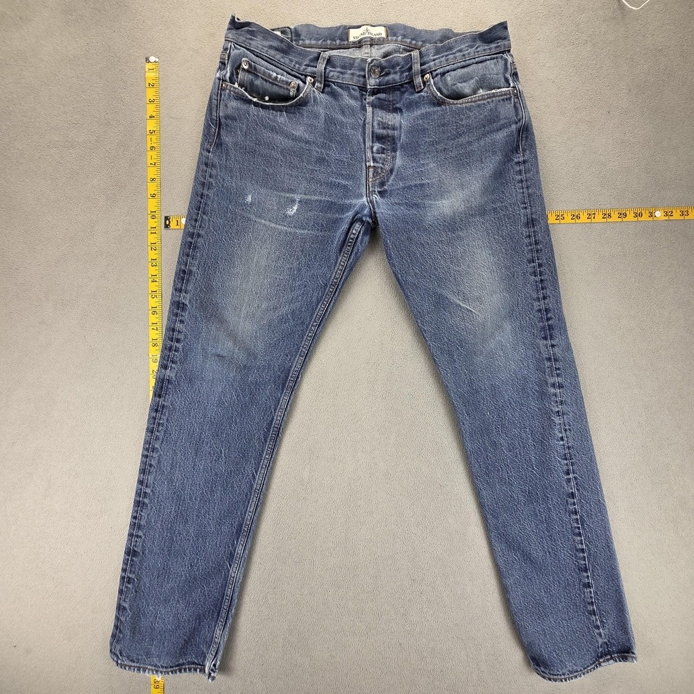 Stone Island Jeans Mens Blue Medium Wash Regular Tapered Button Fly Fits 34x30